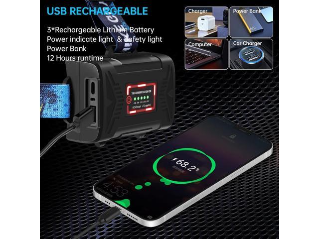 LED Rechargeable Headlamp, Headlight 90000 Lumens Super Bright with 6 Modes & IPX5 Warning Light, Motion Sensor Adjustable Headband Head Lamp, 60°...