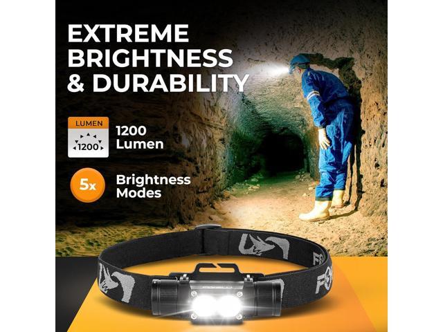 Foxelli Ultra Bright Rechargeable Headlamp 18650 Battery, IPX7 Waterproof, 1200 Lumen LED Light for Work & Outdoors, with Battery & Hooks -...