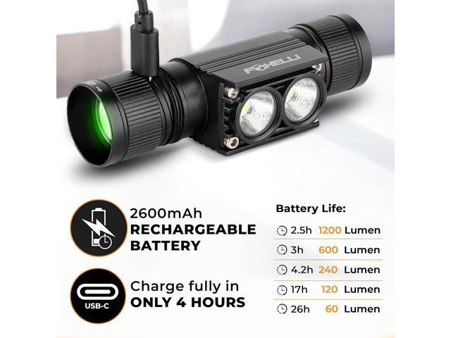 Foxelli Ultra Bright Rechargeable Headlamp 18650 Battery, IPX7 Waterproof, 1200 Lumen LED Light for Work & Outdoors, with Battery & Hooks -...