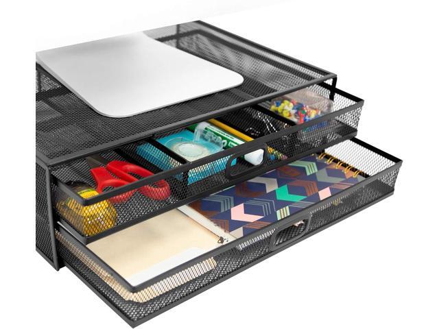 MOUNT-IT! Computer Monitor Stand With Drawers, Metal Mesh Riser and Organizer for Laptops and Computer Screens, Laptop, and Printer Accessories and...