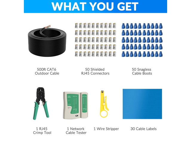 Cat6 Outdoor Ethernet Cable 500 FT with Tool Kit, Heavy Duty Network Internet DIY Bulk Cord, Support Cat 6 Cat5e Cat5, UTP, CCA, Waterproof, PVC &...