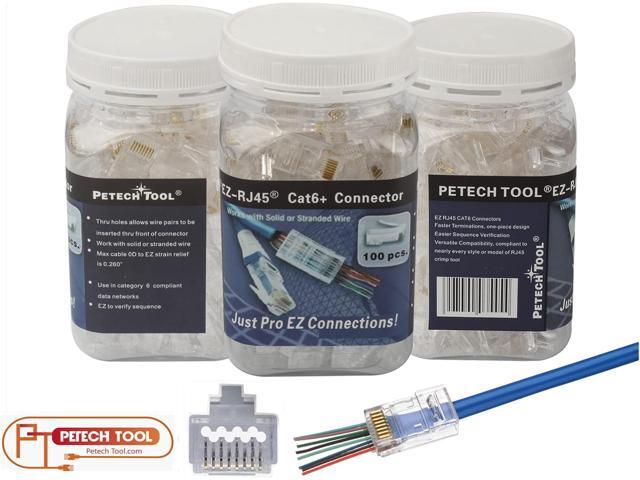 PETECHTOOL 100-Pack RJ45 CAT6A CAT6 Pass Through Connectors 23AWG Cables-End Bold UTP Ethernet 8P8C Gold Plated Modular Plug for Unshielded Twisted...