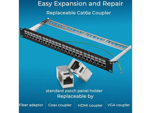 Rapink Patch Panel 24 Port Cat6A with Inline Keystone 10G Support, Coupler Patch Panel STP Shielded 19-Inch with Removable Back Bar, 1U Network...