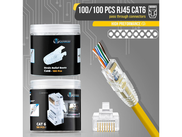 Everest Media Solutions RJ45 Cat6 Pass Through Connectors and Strain Relief Boots - Pack of 100/100 - EZ to Crimp Modular Plug for Solid or...