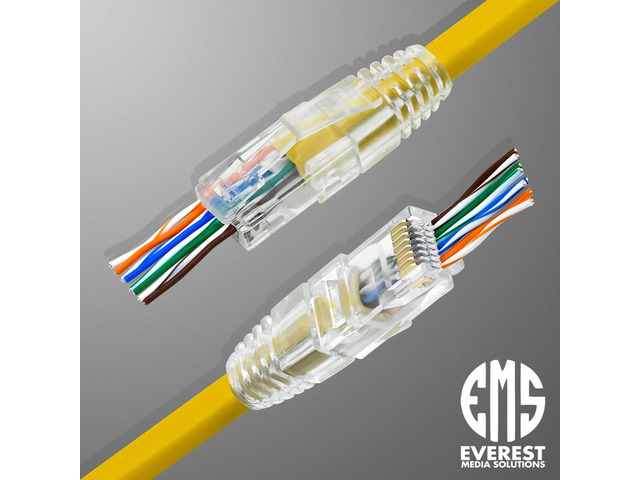 Everest Media Solutions RJ45 Cat6 Pass Through Connectors and Strain Relief Boots - Pack of 100/100 - EZ to Crimp Modular Plug for Solid or...