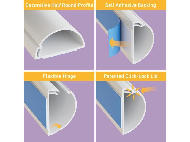 D-Line TV Wire Hider, Half Round Cord Cover for Wall Mount TV, Hinged One-Piece Raceway, Paintable, Self-Adhesive Cable Management - 2' (W) x 1'...