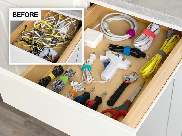 Self-Gripping Cable Ties by Wrap-It Storage, White, 40 Pack (5 Inch and 8 Inch Straps) Reusable Hook and Loop Cord Organizer Cable Ties for Cord...