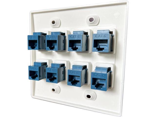 8 Port Ethernet Wall Plate, Cat 6, Double Gang, RJ45 Female to Female Keystone Jacks - White