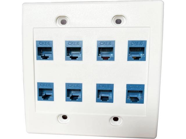 8 Port Ethernet Wall Plate, Cat 6, Double Gang, RJ45 Female to Female Keystone Jacks - White