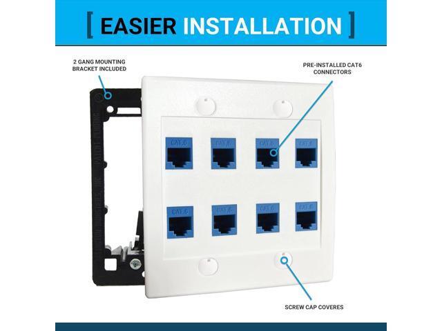 8 Port Ethernet Wall Plate, Cat 6, Double Gang, RJ45 Female to Female Keystone Jacks - White