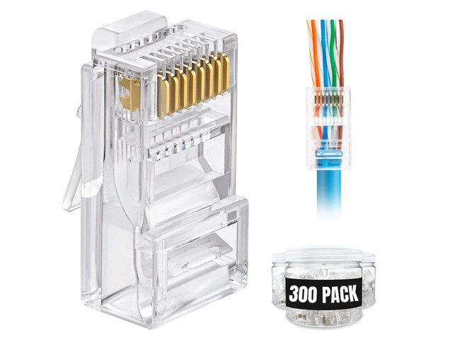 300-Pack RJ45 Pass Through Connector, Cat6, Gold Plated EZ Pass Cable Pass Through RJ45 connectors, RJ45 Modular Plugs, Ethernet Plugs (300 Pack)