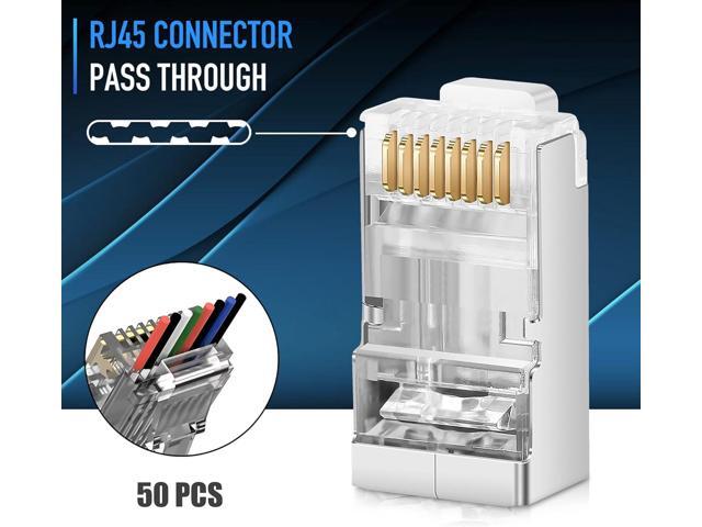 Shielded RJ45 Cat6 Cat 6A Connectors - Pass Through Connector Gold Plated 3 Prong 8P8C Modular Plugs for FTP/STP Stranded Ethernet Cable & Solid...