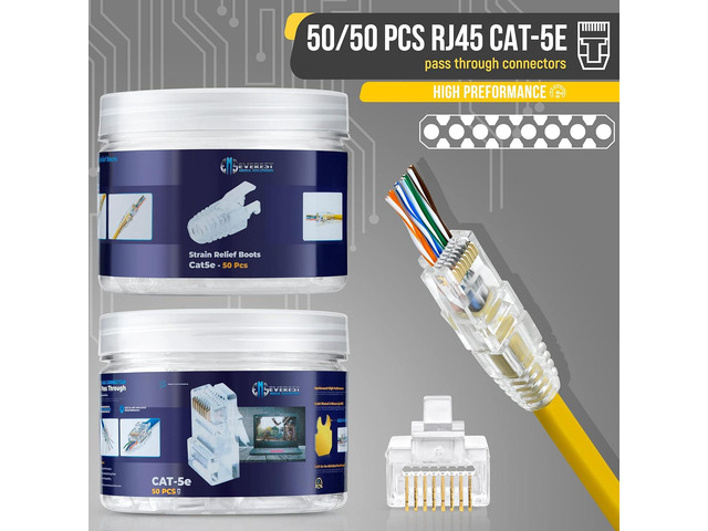 Everest Media Solutions RJ45 Cat5e Pass Through Connectors and Strain Relief Boots - Pack of 50/50 EZ to Crimp Modular Plug for Solid or Stranded...