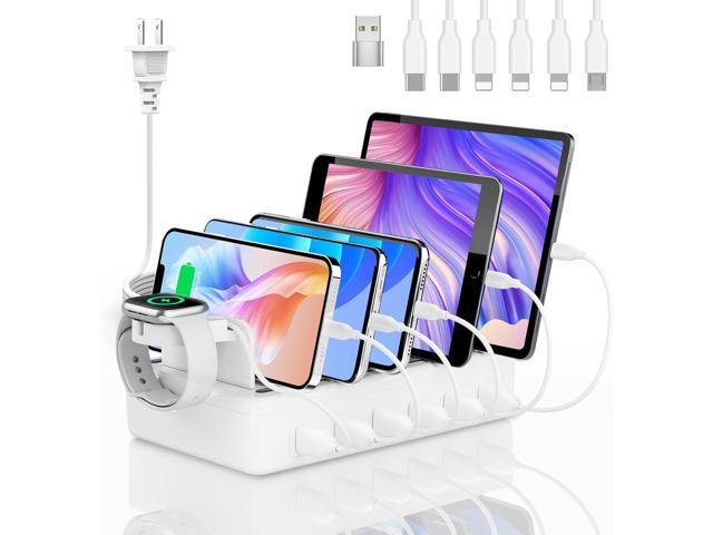 Charging Station for Multiple Devices, 6 Port 50W Fast Multi Charger Station Charging Dock with 6 Mixed Charging Cables for iPhone, iPad, Kindle,...