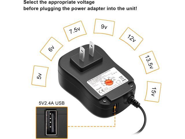 Powseed 45W Universal AC Adapter with 5V 2A USB Port 5V 6V 7.5V 9V 12V 13.5V 15V 3A 2A 1A DC Power Supply Cord with 8 Tips Micro USB 5.5x2.1mm...