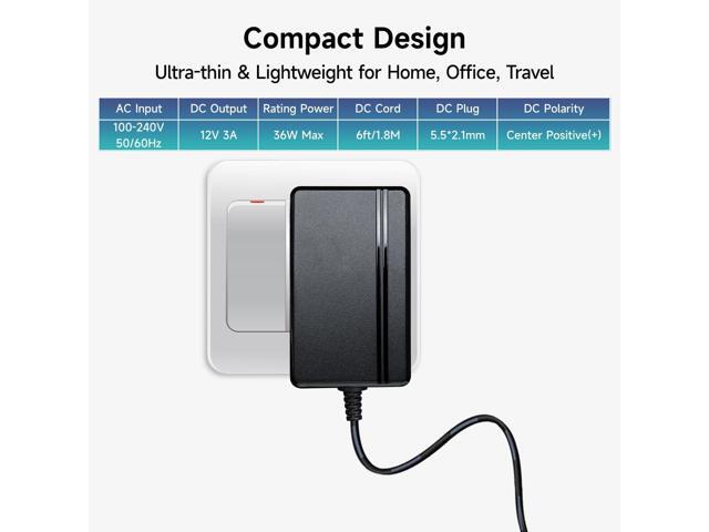 12Vdc 3A/3000mA Power Supply Adapter, 100-240V 50/60Hz AC to DC 36W Wall Charger with Barrel Connector for LED Strip Light, CCTV Camera, Router,...