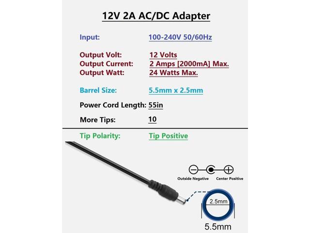 12 Volt 2 Amp DC Power Supply 24W 12Volt 2Amp AC Adapter 100-240V 50-60Hz AC to DC 12V 2A Power Supply Adapter Cord with 5.5mm x 2.5mm Barrel Plug...