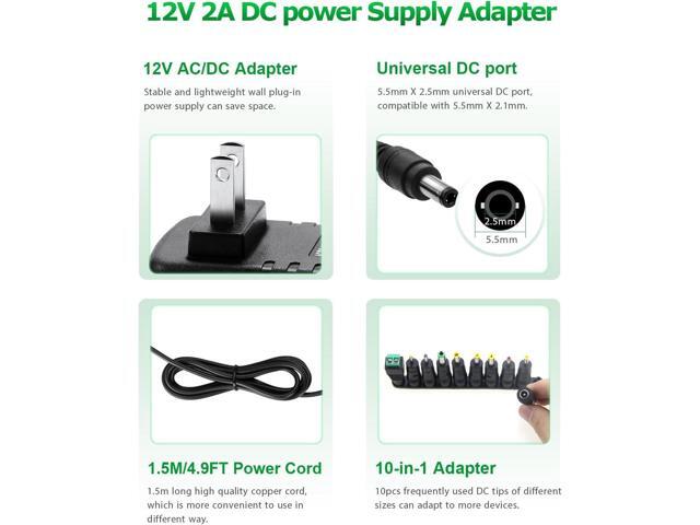 12V Power Supply 2A AC/DC Adapter 12Volt Wall Charger Replacement Power Cord AC 100V-240V to DC 12Volt 2A 1.5A 1A Converter for Security Camera BT...