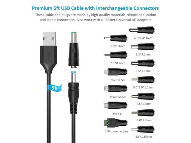 Belker Universal 5V DC 5.5 2.1mm Jack Charging Cable Power Cord, USB to DC Power Cable with 14 Interchangeable Plugs Connectors Adapters Compatible...