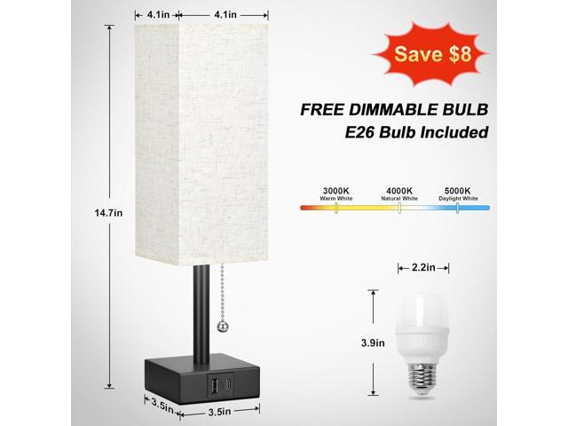 Bedside Table Lamp with 3 Color Temperatures - 3000/4000/5000K Small Lamp with USB C+A Ports, Nightstand Lamp with 3 Color Modes by Pull Chain,...