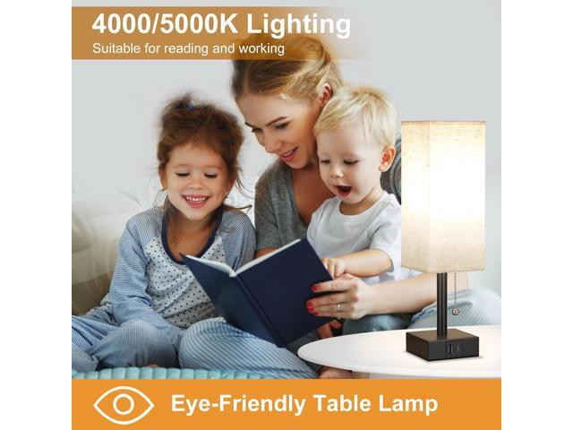 Bedside Table Lamp with 3 Color Temperatures - 3000/4000/5000K Small Lamp with USB C+A Ports, Nightstand Lamp with 3 Color Modes by Pull Chain,...