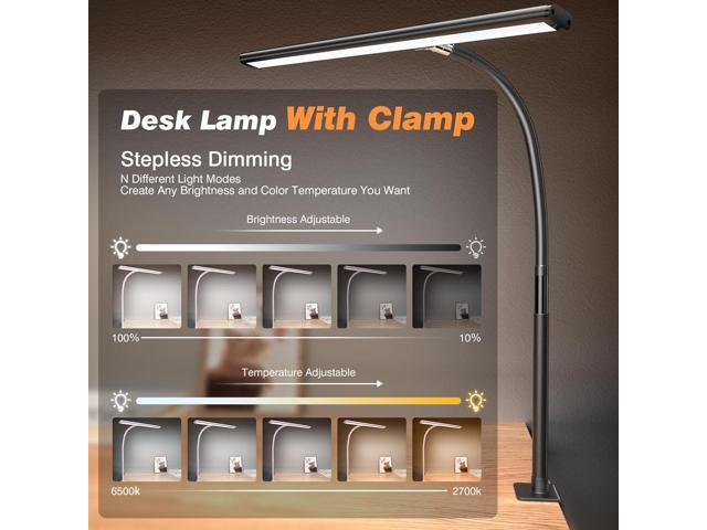 LED Desk Lamp for Office Home, Eye-Caring Desk Light with Stepless Dimming Adjustable Flexible Gooseneck, 10W USB Adapter Desk Lamp with Clamp for...