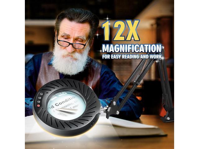 12X Magnifying Glass with Light and Stand, 144 LEDs Brightest Desktop Magnifying Lamp, 10 Dimmable Brightness 5 Color Modes, Hands Free Metal Desk...