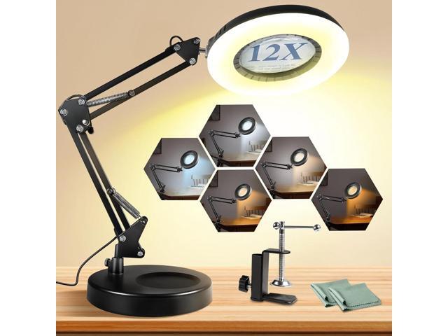12X Magnifying Glass with Light and Stand, 144 LEDs Brightest Desktop Magnifying Lamp, 10 Dimmable Brightness 5 Color Modes, Hands Free Metal Desk...