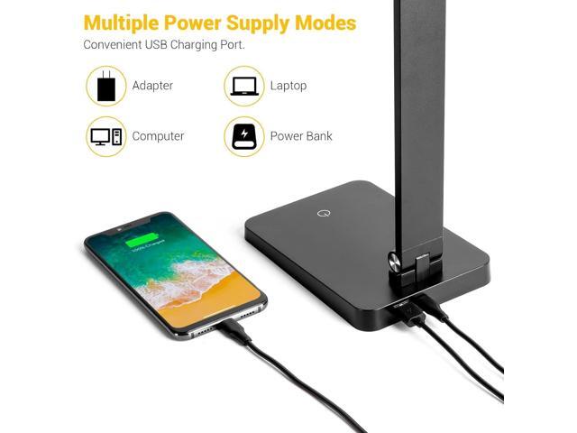 LED Desk Lamp for Home Office, 3 Levels Dimmable Desk Light with USB Charging Port, Small Study Lamp, Reading Light for Table, Black, 5000K