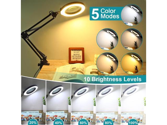 10X Magnifying Glass with Light and Stand, 2-in-1 Desk Lamp & Clamp Light, Seylae 5 Color Modes, Brightness Stepless Dimmable LED Lighted Magnifier...