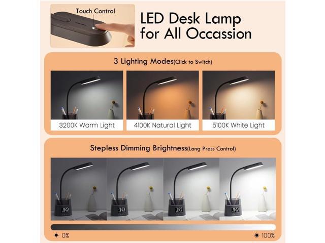 WILIT LED Desk Lamp for College Dorm Room Essentials, Students Study Lamp with Charging Station, Pen Holder, Clock & RGB Night Light, Office Desk...