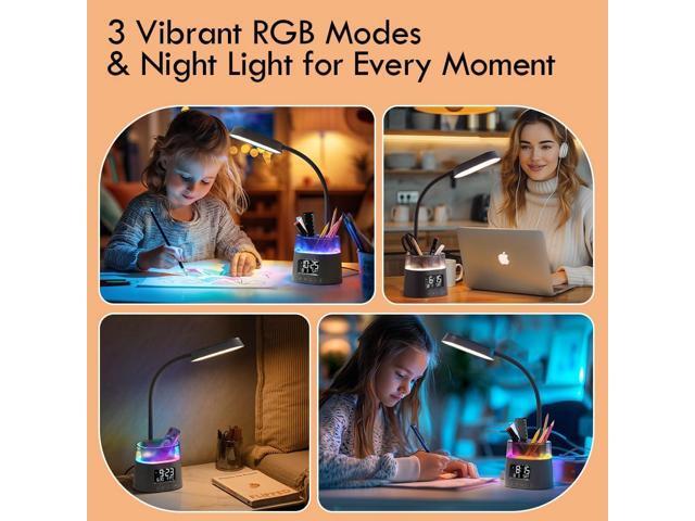 WILIT LED Desk Lamp for College Dorm Room Essentials, Students Study Lamp with Charging Station, Pen Holder, Clock & RGB Night Light, Office Desk...