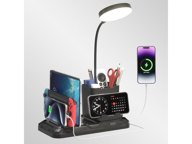 KDD Desk Lamp with USB A & C Charger Ports - Reading Desktop Light with Pen & Phone Holder - Adjustable Brightness Lights with Device Slots -...
