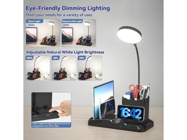 KDD Desk Lamp with USB A & C Charger Ports - Reading Desktop Light with Pen & Phone Holder - Adjustable Brightness Lights with Device Slots -...