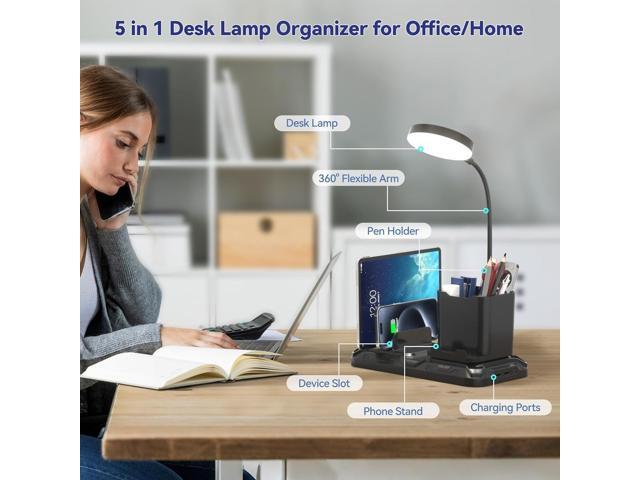 KDD Desk Lamp with USB A & C Charger Ports - Reading Desktop Light with Pen & Phone Holder - Adjustable Brightness Lights with Device Slots -...