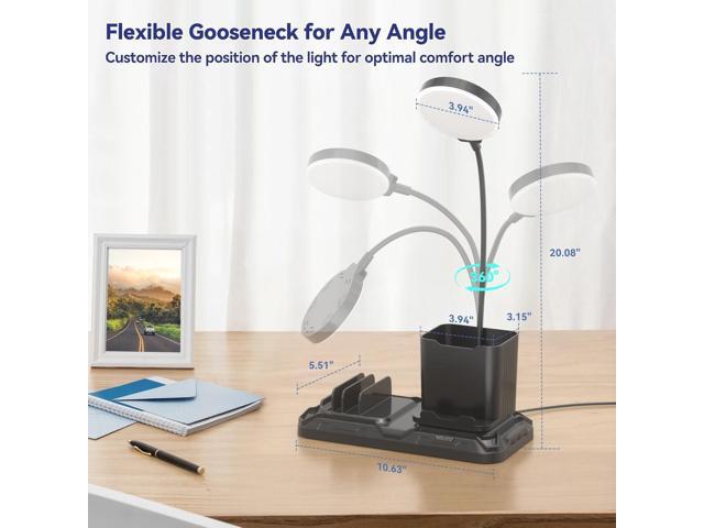 KDD Desk Lamp with USB A & C Charger Ports - Reading Desktop Light with Pen & Phone Holder - Adjustable Brightness Lights with Device Slots -...