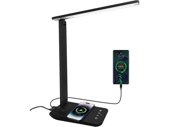 White crown LED Desk Lamp with 15W Wireless Charger & USB Port, Dimmable Table Lamp with 5 Lighting Modes, Sensitive Touch Control, Foldable &...