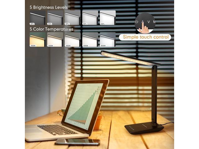 White crown LED Desk Lamp with 15W Wireless Charger & USB Port, Dimmable Table Lamp with 5 Lighting Modes, Sensitive Touch Control, Foldable &...