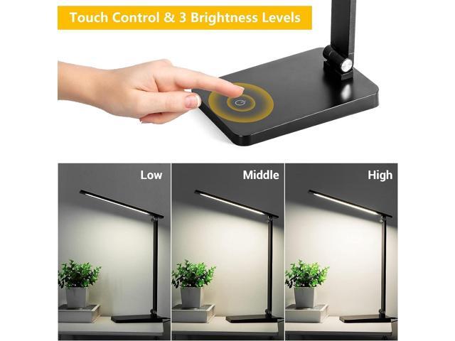 LED Desk Lamp for Home Office, 3 Levels Dimmable Desk Light with USB Charging Port, Small Study Lamp, Reading Light for Table, Black, 5000K