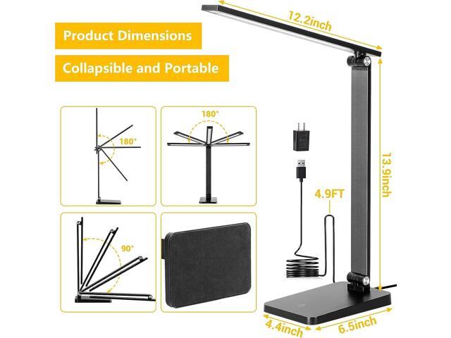 LED Desk Lamp for Home Office, 3 Levels Dimmable Desk Light with USB Charging Port, Small Study Lamp, Reading Light for Table, Black, 5000K