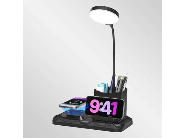 KDD 4 in 1 Desk Lamp with Wireless Charger - 360° Rotating Gooseneck Small Table Lamp with Pen Holder & Phone Stand, Adjustable White and Warm...