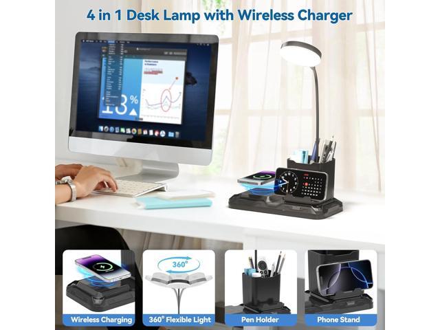 KDD 4 in 1 Desk Lamp with Wireless Charger - 360° Rotating Gooseneck Small Table Lamp with Pen Holder & Phone Stand, Adjustable White and Warm...