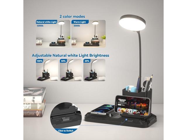 KDD 4 in 1 Desk Lamp with Wireless Charger - 360° Rotating Gooseneck Small Table Lamp with Pen Holder & Phone Stand, Adjustable White and Warm...
