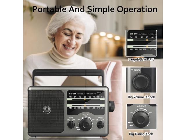AM FM Portable Radio Battery Operated by 4X D Cell Batteries Or AC Power Transistor Radio with and Big Speaker, Standard Earphone Jack, High/Low...