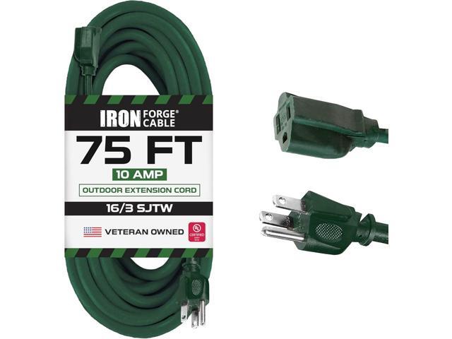Iron Forge Cable Weatherproof 75 Ft Outdoor Extension Cord - 16/3 SJTW Heavy Duty Green Extension Cord 3 Prong - 10 Amp Exterior Power Cable