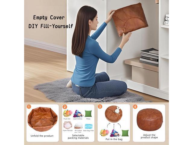 Thgonwid Unstuffed Moroccan Storage Pouf Foot Stool Ottoman Seat Handmade Faux Leather Bean Bag Floor Chair Foot Rest for Living Room, Bedroom or...