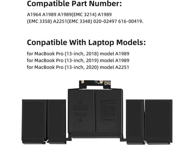 A1964 Laptop Battery Replacement for MacBook Pro 13' A1989 (Mid 2018 2019) A2251(2020 Release) EMC 3214 3358 3348 BTO/CTO Touch Bar MR9Q2LL/A...