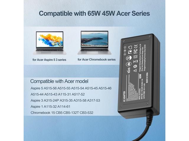 65W Charger fit for Acer Aspire 5 3 1 A515-56 A515-55 A515-54 A515-45 A515-46 A515-44 A515-43 A115-31 A517-52 A317-53 A315-24P Chromebook CB3111...