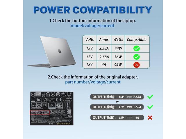 44W 36W 15V 2.58A 1800 1625 1735 Surface Laptop Charger Fit for Microsoft Surface Pro 6 5 4 3 Windows Surface Laptop 3 2 1 Surface Go Tablet Power...