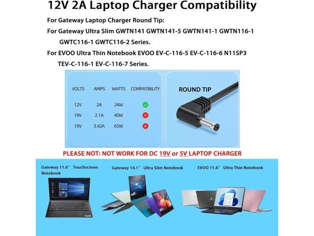 12V 2A Laptop Charger Power Cord Replacement for Gateway Laptop GWTC116-2BL GWTN156-11BK GWTC116-2BK GWNC21524-BL GWTC116 GWNC21524 GWTN116 GWTN133...